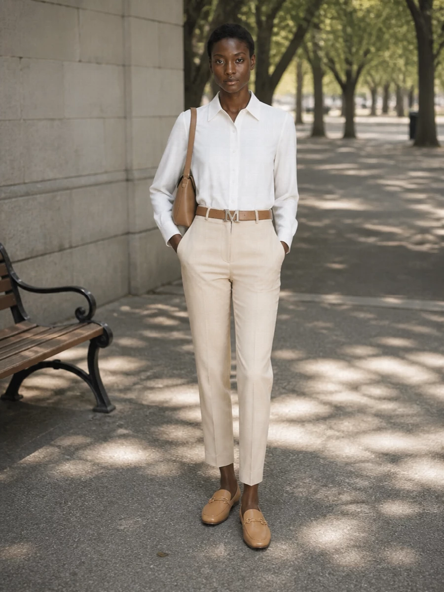 Max mara beige trousers ivory shirt camel loafers