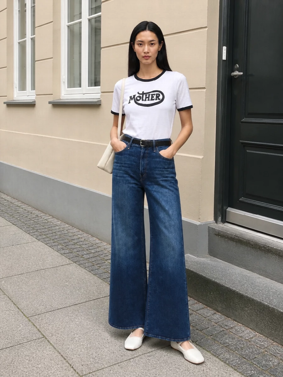 Mother wide leg jeans ringer tee flats