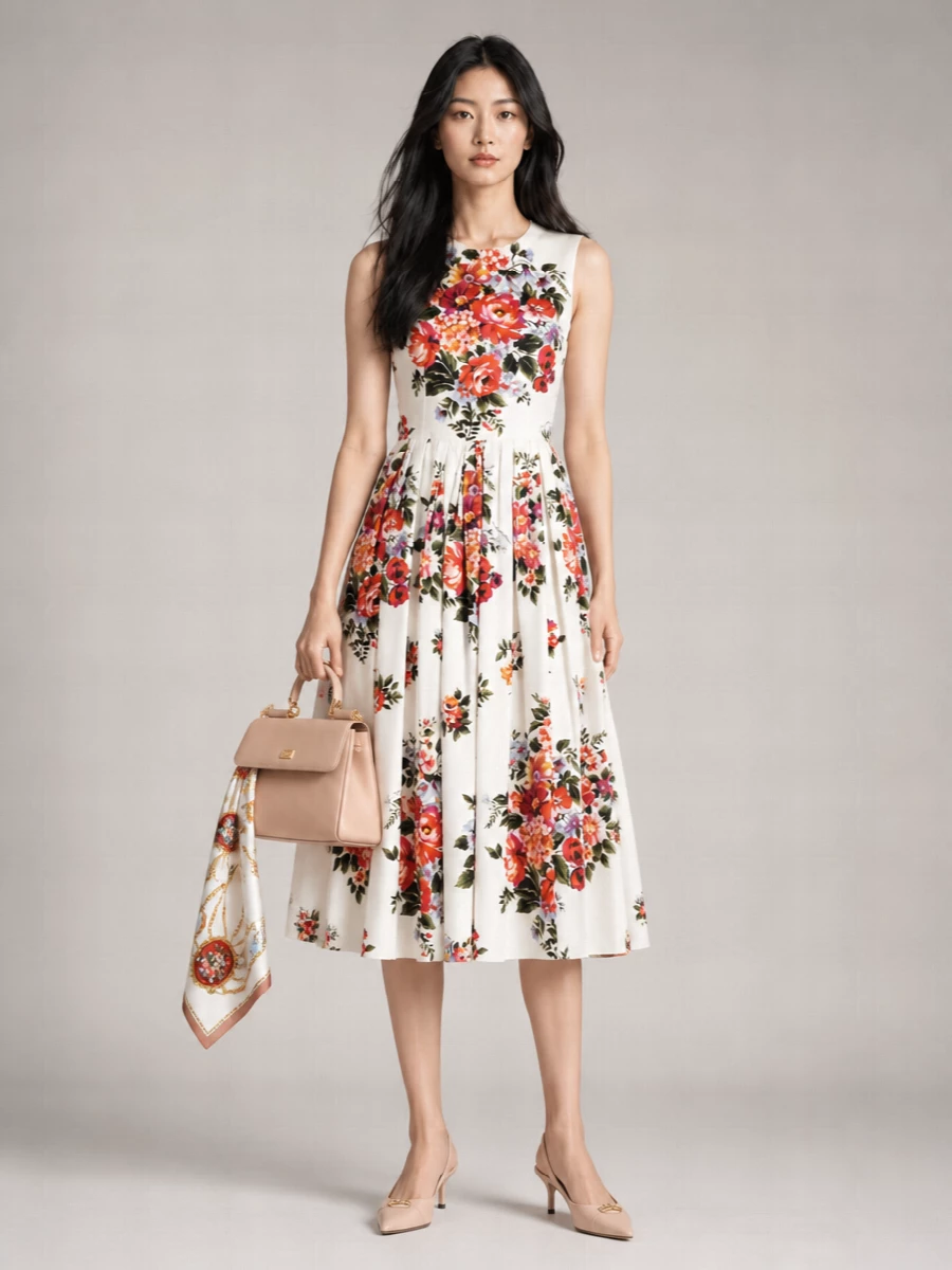 Dolce&Gabbana Cotton Floral-Print Sleeveless Boat Neck Pleated Midi Dress