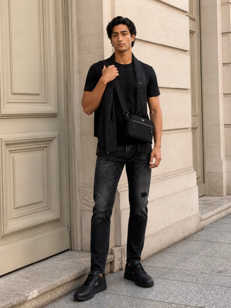 A black Armani tee and washed-black slim denim create a low-contrast column that feels sharp without trying too hard. All-black runners keep the energy quietly athletic, while the technical crossbody and tonal scarf add just enough structure and detail for city days that stretch into night.