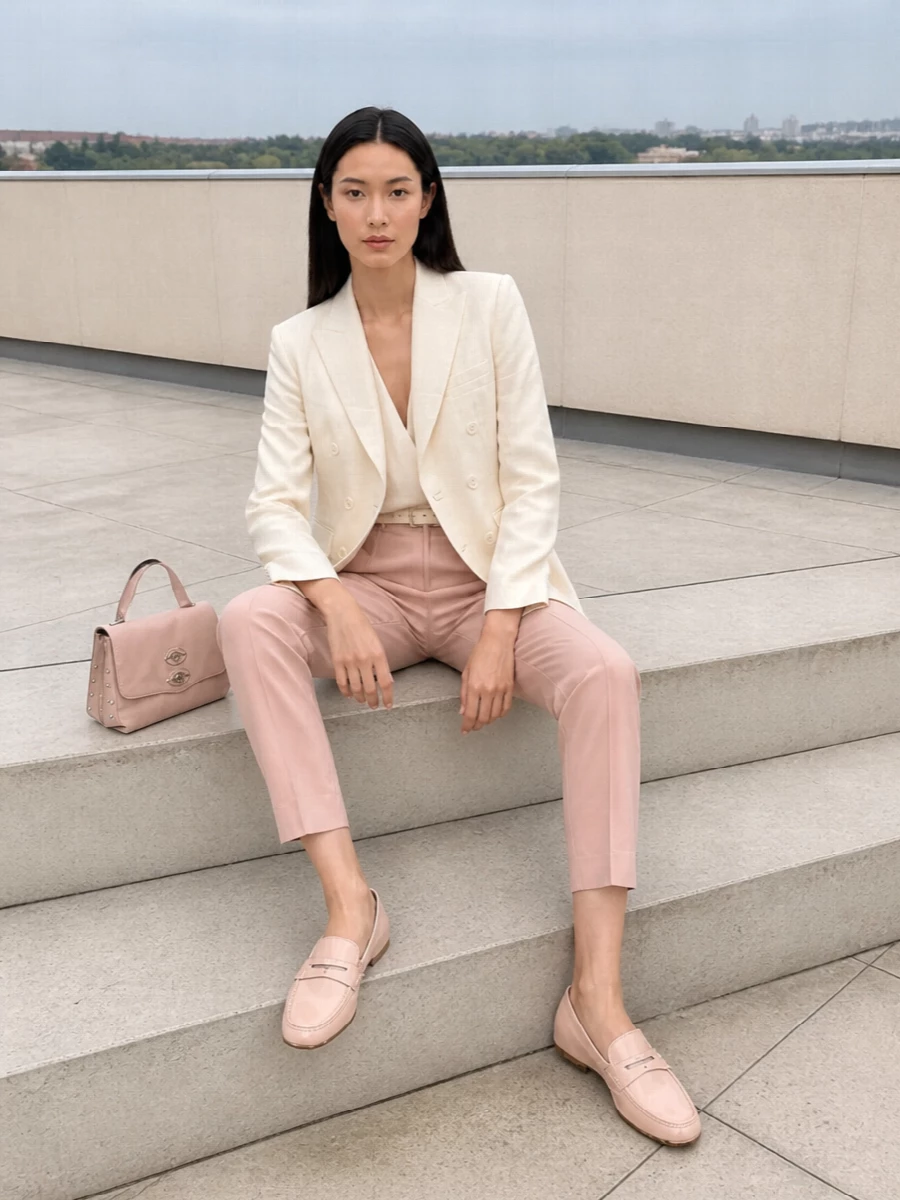 Dusty blush tailoring is grounded with a clean cream blazer for a softly structured, modern office outfit in a purely neutral, feminine palette. Tonal blush loafers and a matching top-handle bag keep the lines cohesive, while a slim buttercream belt sharpens the high waist without drawing attention away from the suiting. The result is polished, calm and boardroom-appropriate, but relaxed enough for long city days and dinner afterward.