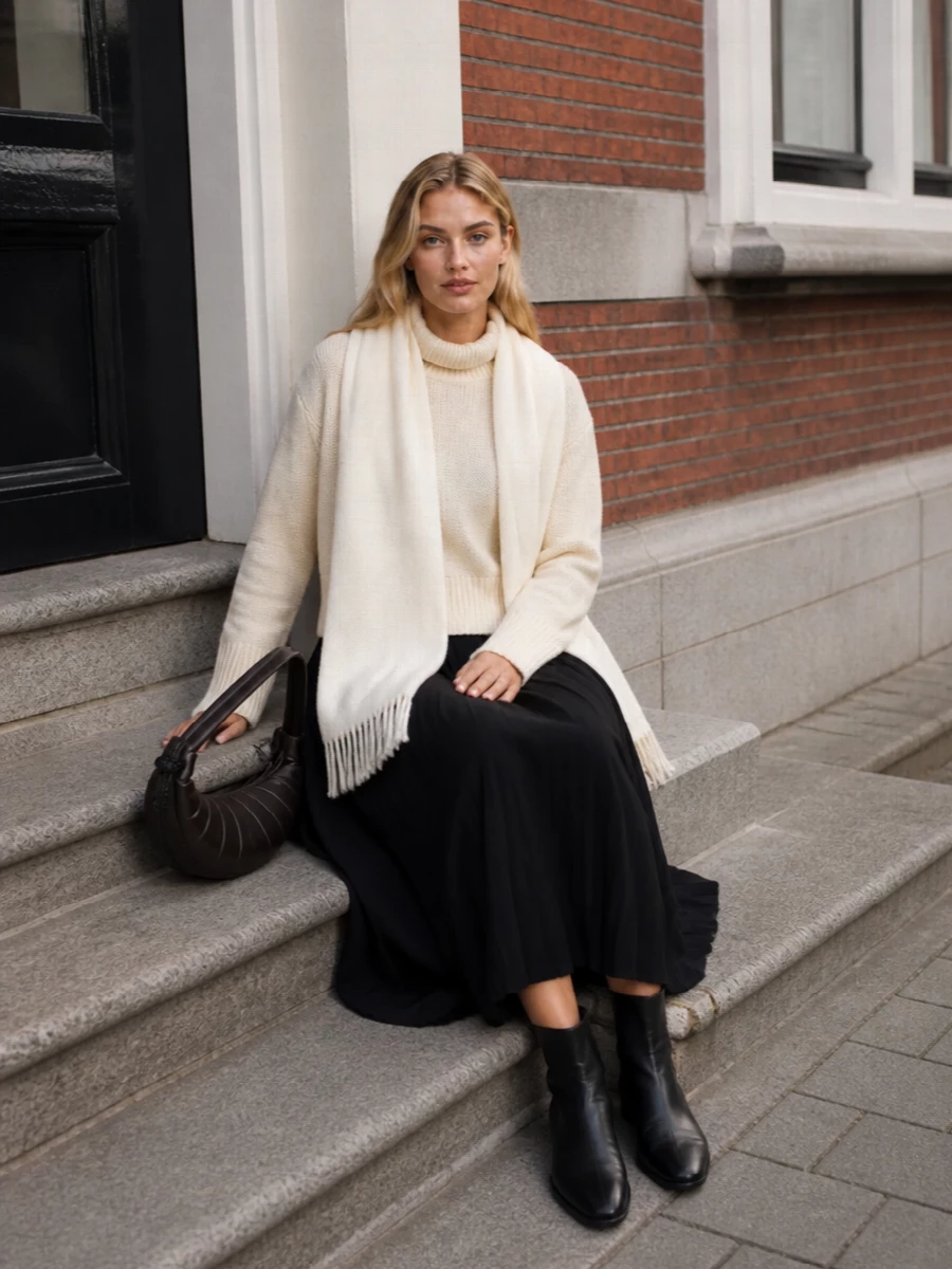 Lisa yang cream sweater black knit midi skirt