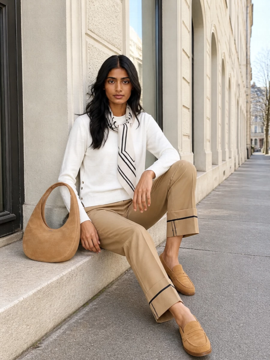 Camel tailoring meets soft white knitwear for a pared-back city ensemble that feels crisp but not strict. The suede loafers and matching hobo keep the palette warm and coherent while staying low-key refined. A graphic ivory-and-black scarf introduces just enough structure to make the neutrals feel considered rather than plain.