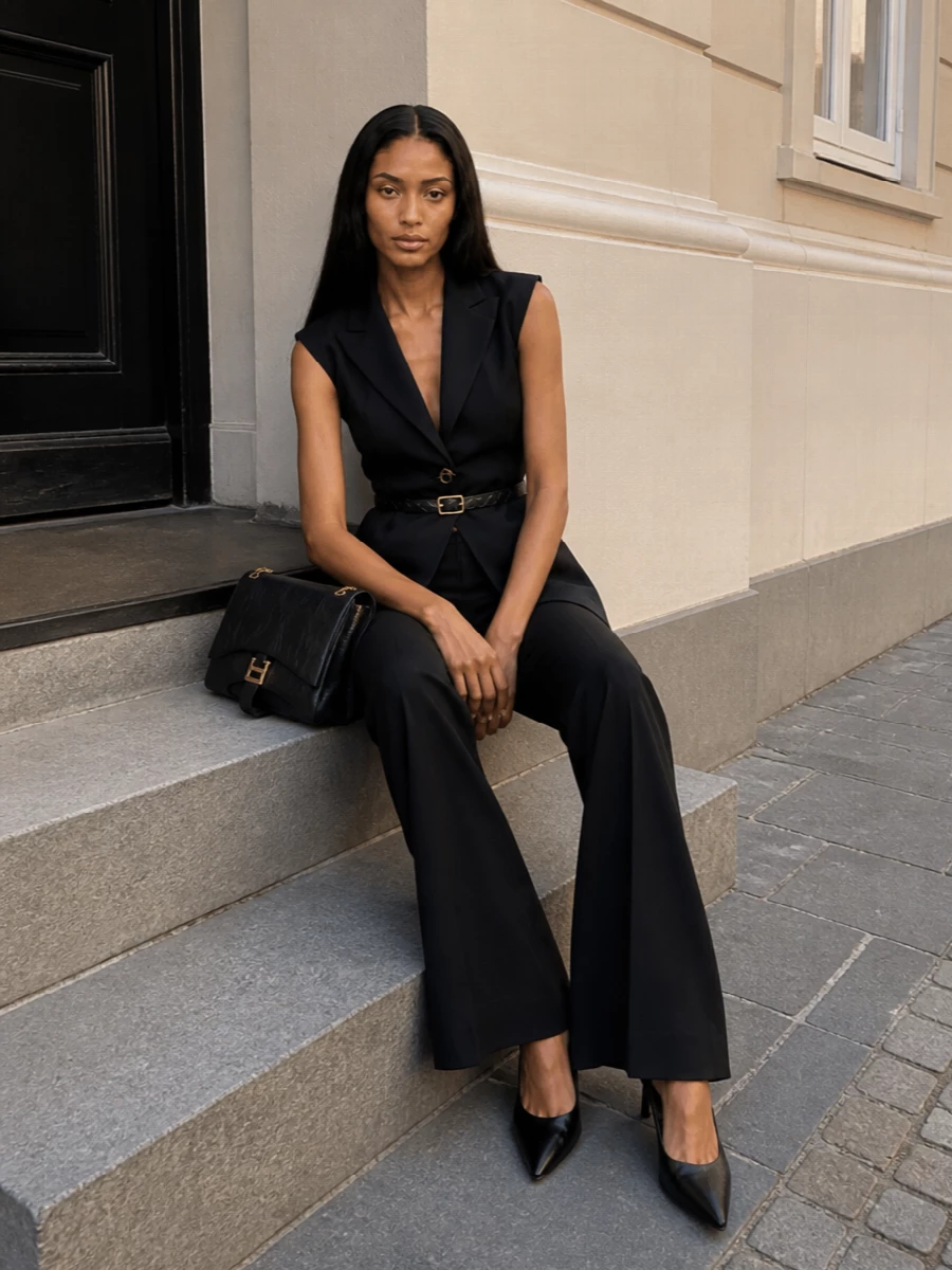 Balenciaga navy tuxedo vest black flared trousers