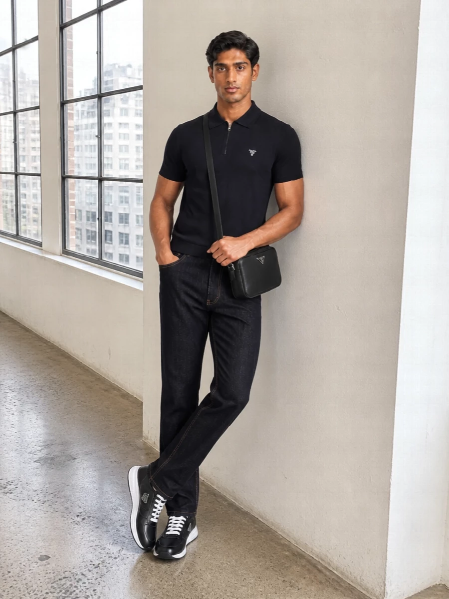 Prada navy sneakers dark denim knit polo outfit