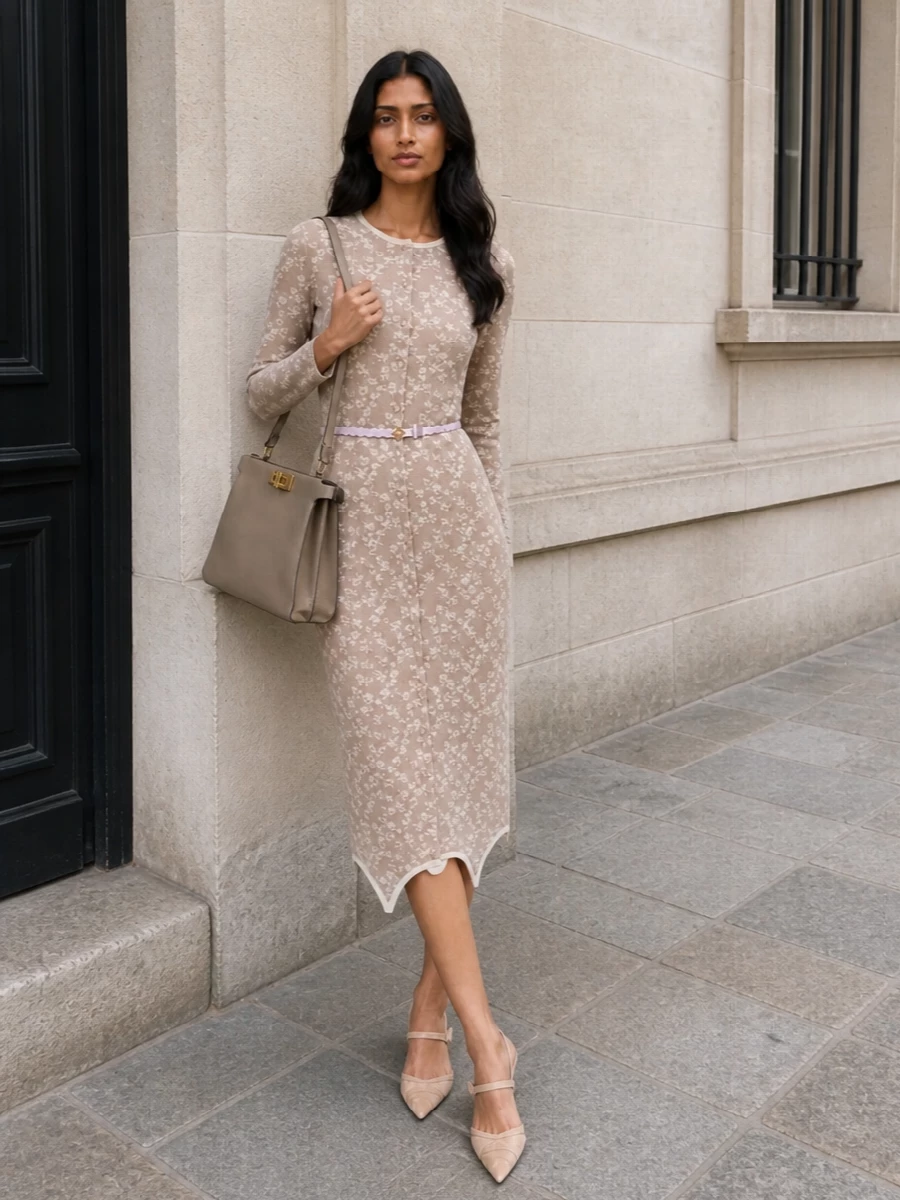 Fendi taupe knit dress belt slingback heels