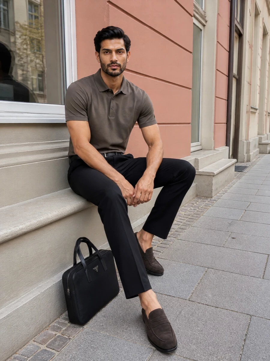 Zegna black trousers taupe polo loafers