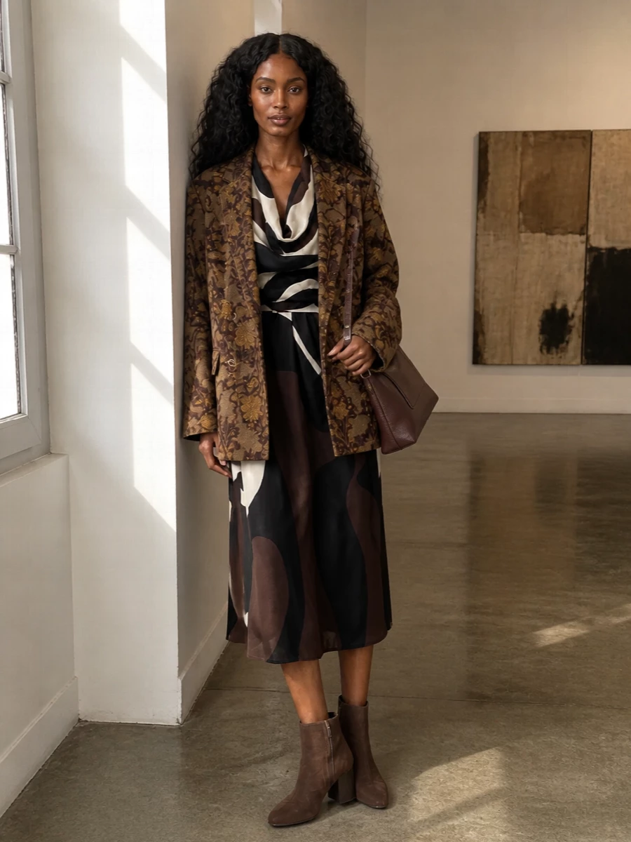 I’m building around the dress path so the Uma Wang coat can stay the hero without clashing against a second layer of tailoring on top. The Kiton wrap midi brings the same painterly, boho-romantic energy in a softer print, then the Mm6 boots and Wandler bag stay in a deep chocolate register so the whole outfit feels rich, fluid and gallery-dinner ready rather than overworked. Think modern bohemian suiting codes translated into an easy, art-world evening uniform.