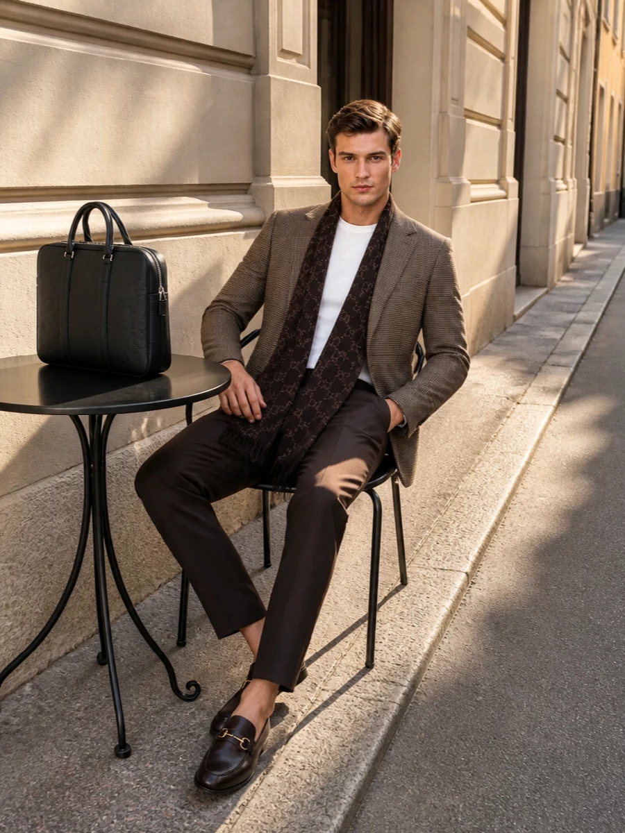 Gucci camel houndstooth blazer brown trousers