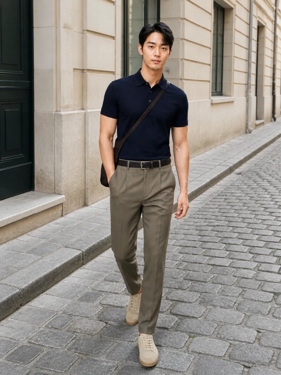 The deep navy Zegna polo is paired with tailored olive‑taupe trousers for a subtle, tonal play that feels polished yet understated. Sand suede sneakers keep the look relaxed but refined, while the espresso intrecciato crossbody and discreet black belt introduce rich texture and structure without breaking the minimalist line. It’s an effortless SS uniform that moves easily from daytime city dressing to low‑key evening plans.
