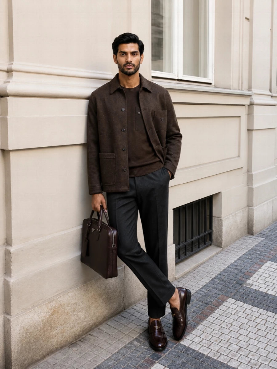 Prada brown overshirt charcoal trousers outfit