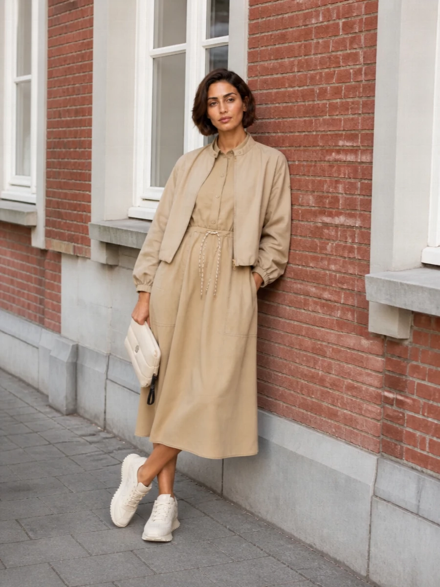 I am building around the bomber with a dress rather than separates to keep a clean, elongated line under the cropped volume. The camel shirt dress and tonal cream runner create a modern utility column, while the padded cream clutch quietly nods to Moncler’s technical DNA without breaking the neutral, city-ready palette. The result is a polished, warm-weather day ensemble that moves easily from travel to informal meetings with a consistent quiet-luxury mood.