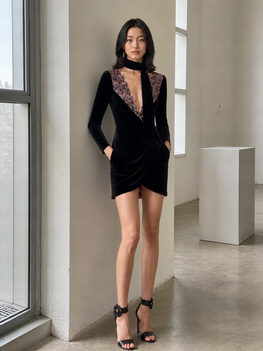 Valentino black velvet mini dress evening outfit