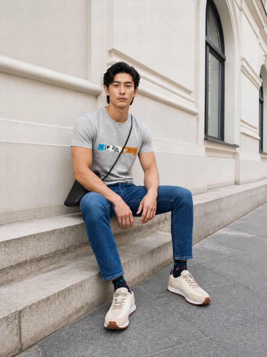 Heather grey graphic, clean indigo denim and soft retro runners keep this Paul Smith combo relaxed but intentional for everyday city wear. The mid-rise slim jean and low-profile sneaker create an easy, balanced line, while the compact crossbody and witty socks add just enough personality without overpowering the tee.