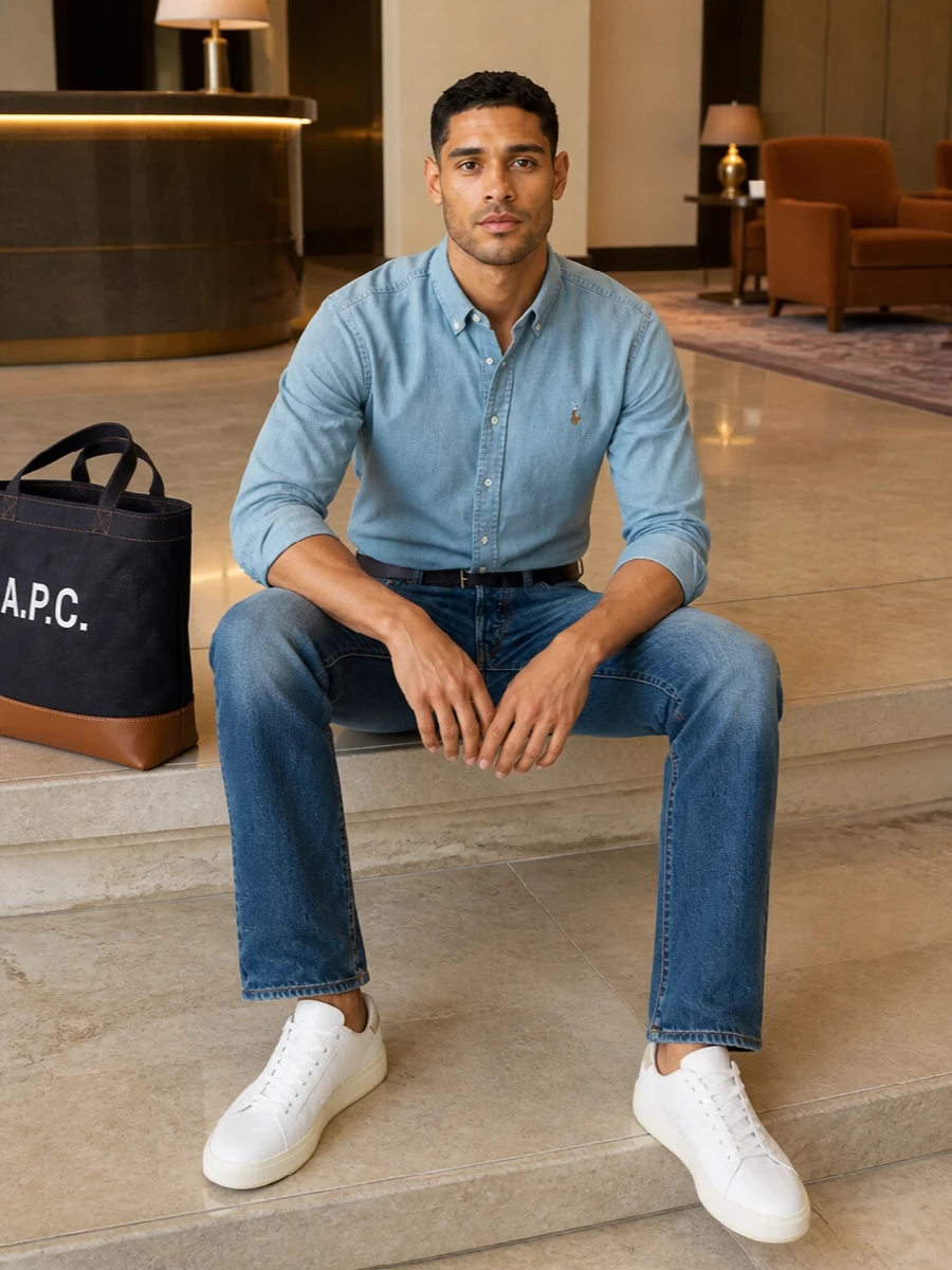 A soft chambray shirt brings a lighter, sun-faded note to the straight-leg Polo denim, keeping the double-denim feel intentional rather than matchy. Clean off-white Woolrich sneakers and a navy belt sharpen the casual base just enough, while the A.P.C. denim tote and tan accent underline the easy, city-ready prep of the outfit. It is an easy uniform for coffee runs, casual Fridays, and relaxed dinners where you still want to look considered.