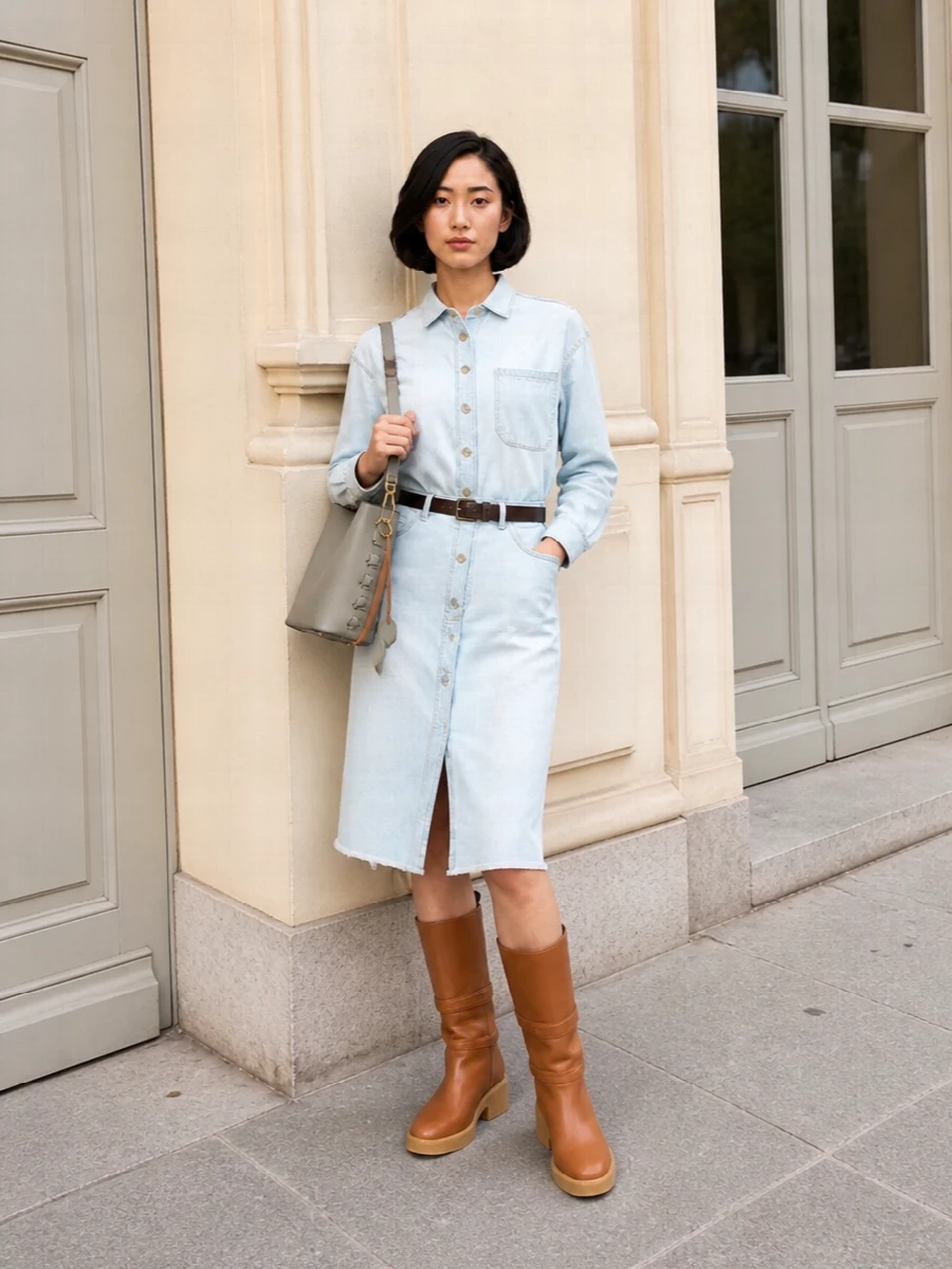 Stella mccartney denim shirt dress tan boots outfit