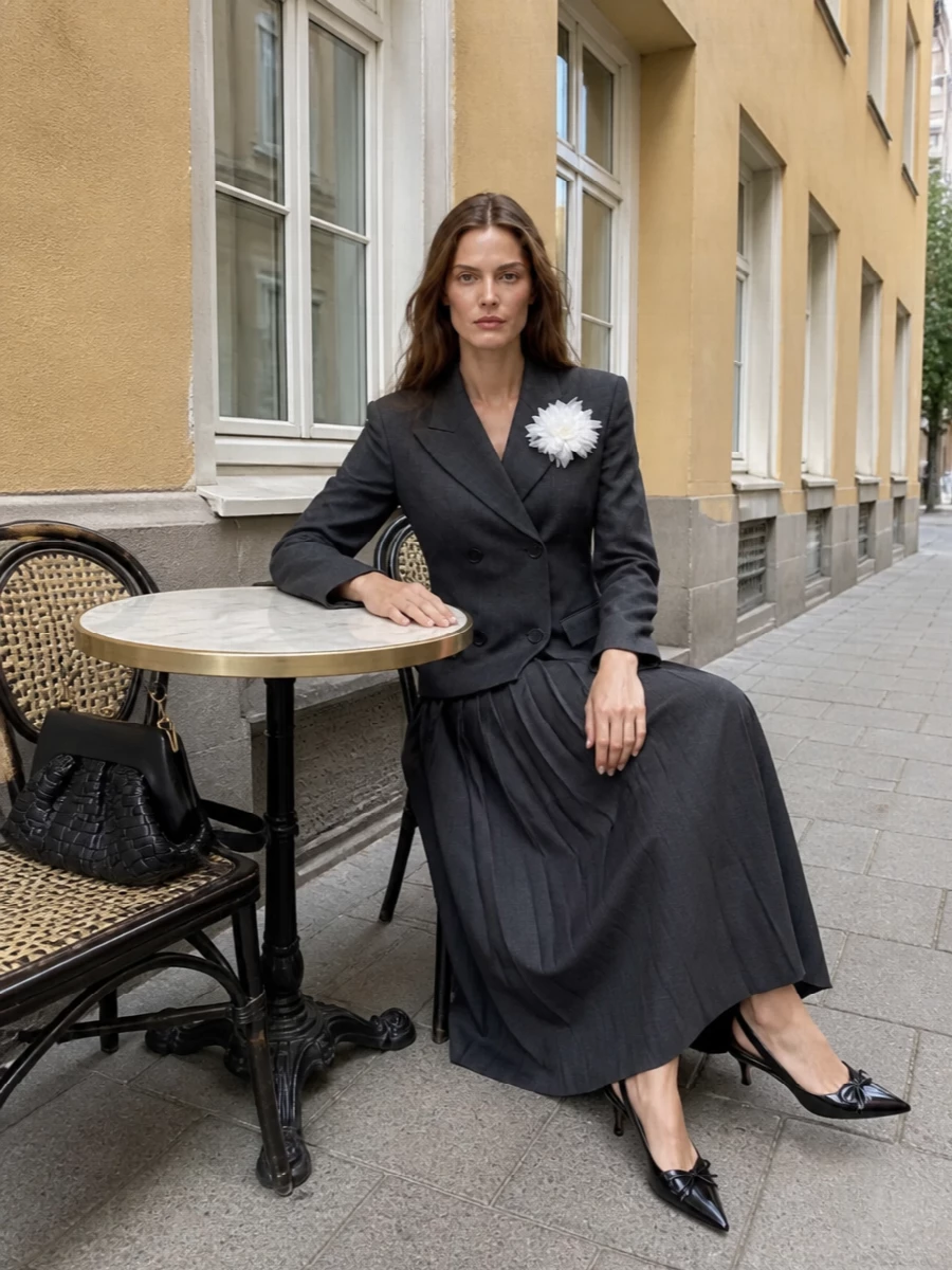 Self portrait charcoal blazer pleated maxi skirt