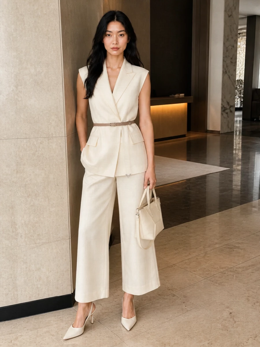 Brunello cucinelli cream blazer wide leg trousers