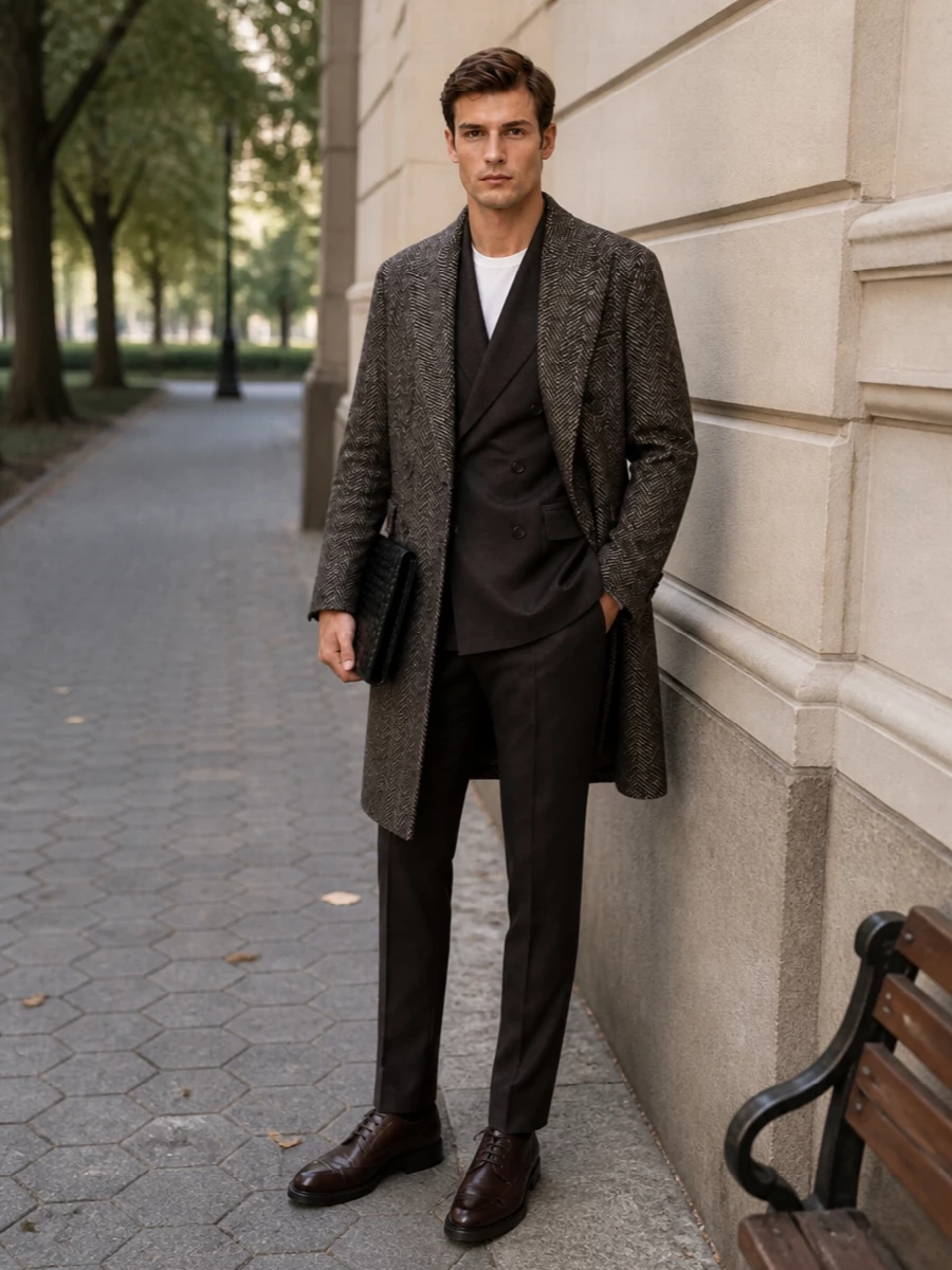 Tagliatore brown coat brogues outfit