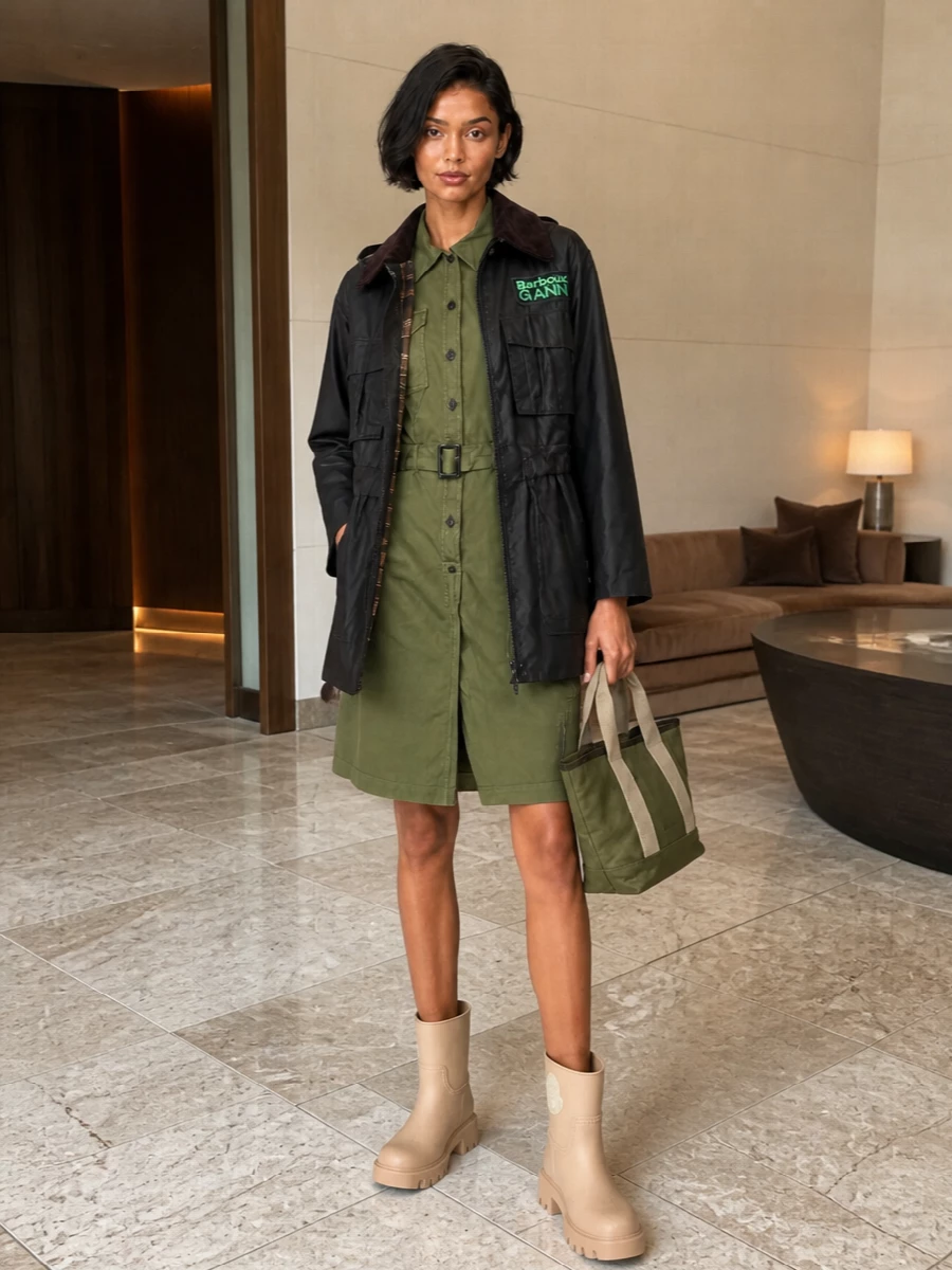 Barbour wax jacket olive shirt dress outfit