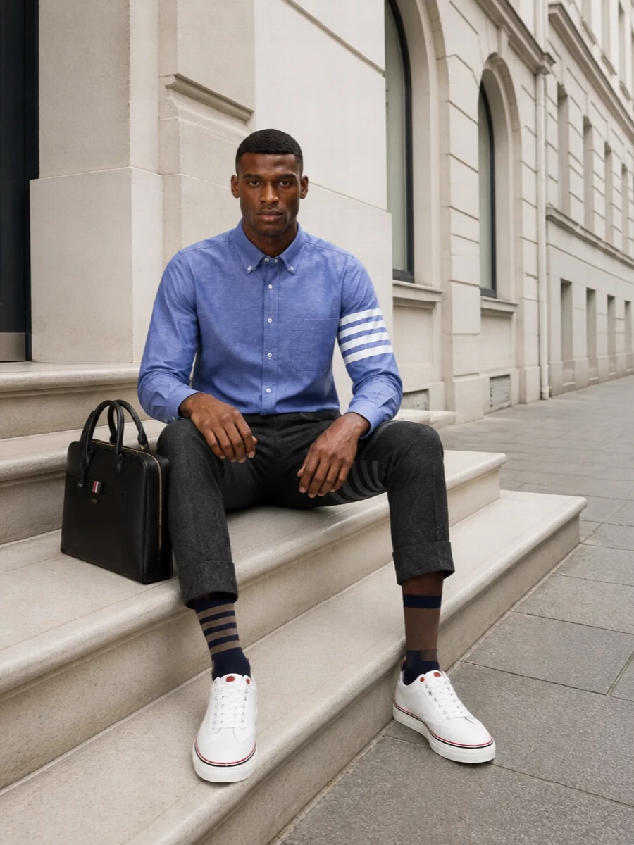 Thom browne grey cropped trouser white sneaker