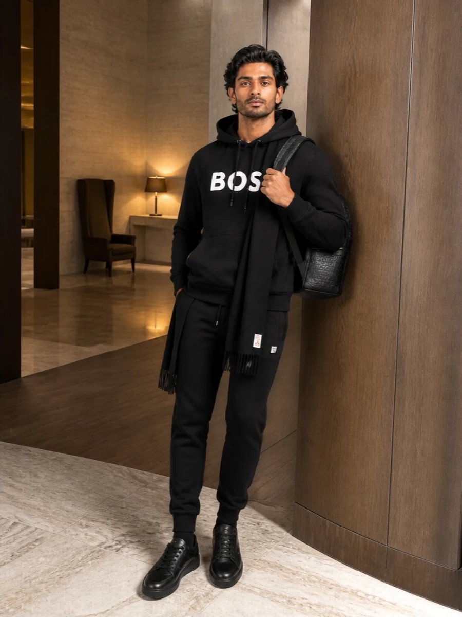 Boss black hoodie joggers black sneakers