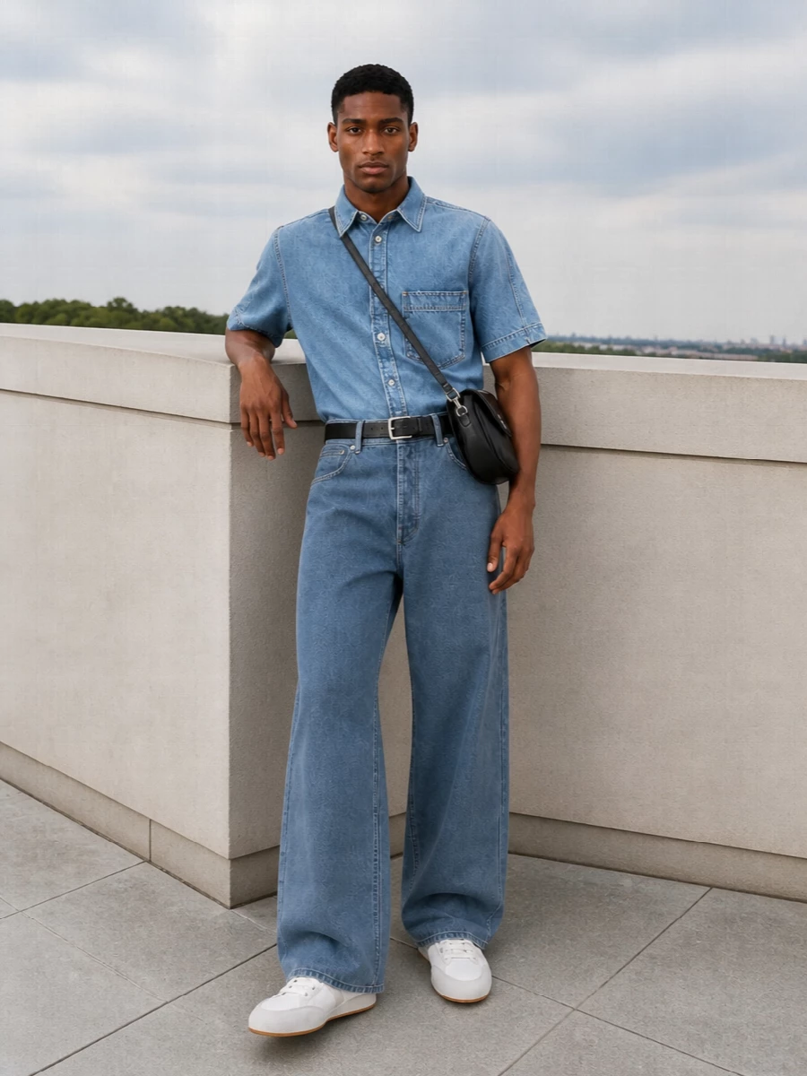 Givenchy double denim wide leg jeans outfit