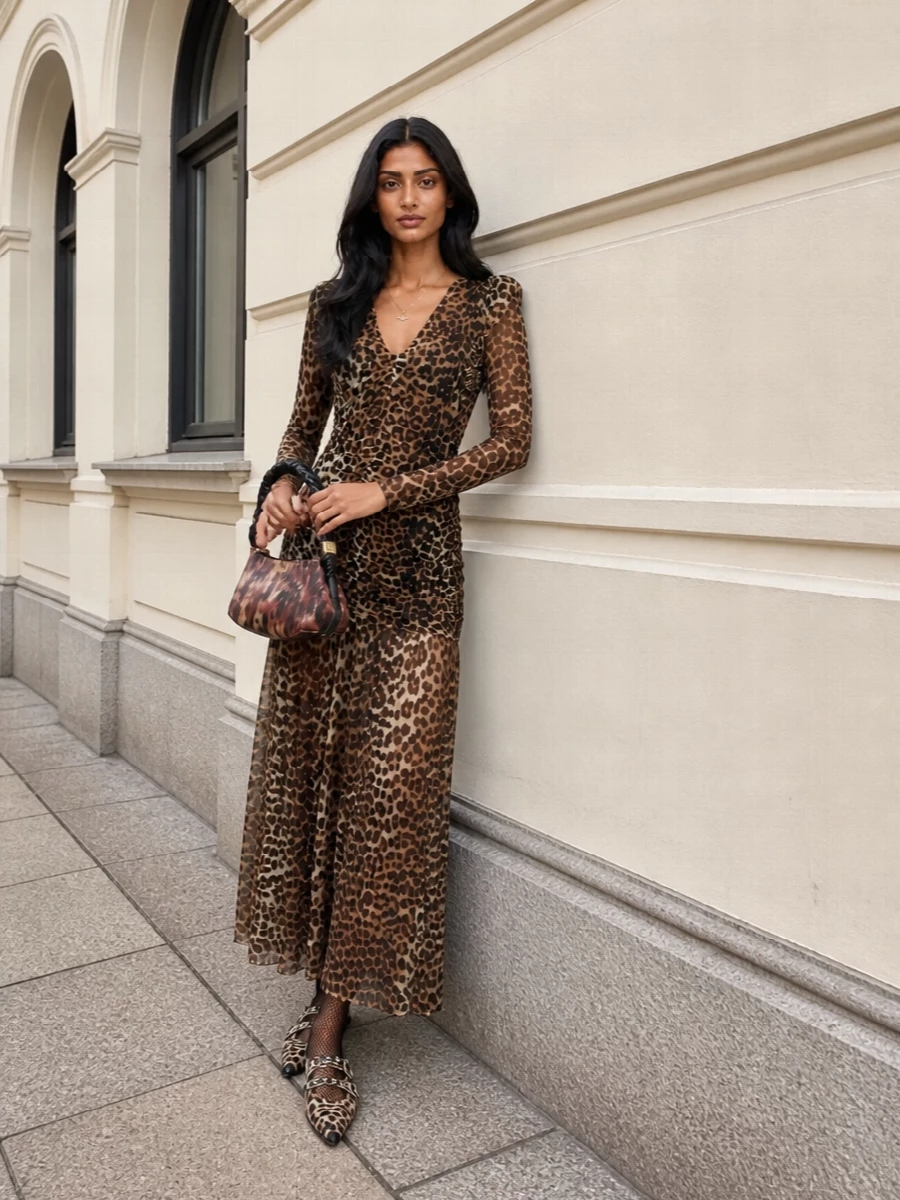 Ganni leopard maxi dress flat slingbacks outfit