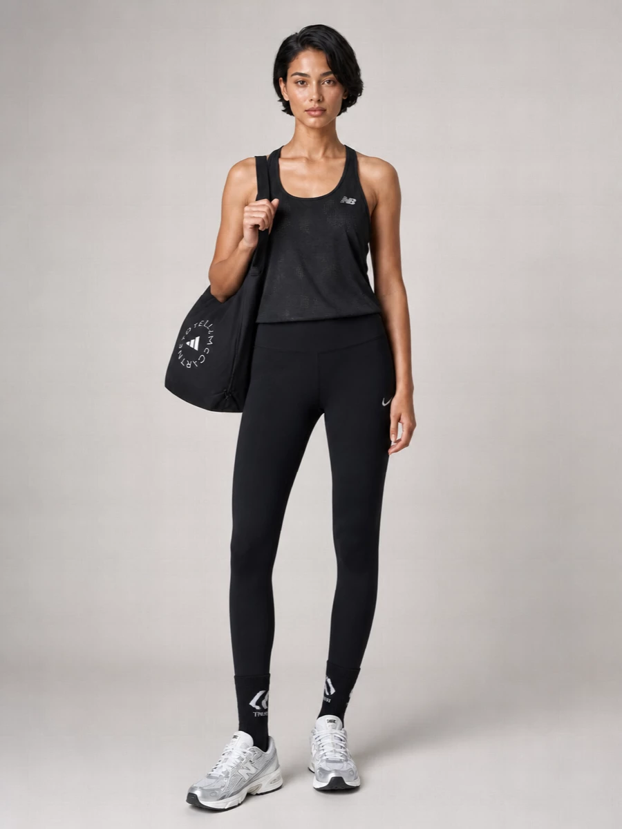 Charcoal and black keep this training outfit sharply minimal, letting the relaxed racerback and high-rise leggings do all the work. Grey and white runners lighten the palette just enough, while the black gym sack and graphic socks make it feel considered from studio to street. The proportions stay streamlined and long, ideal for movement-heavy days where you still want the kit to feel quietly put together.