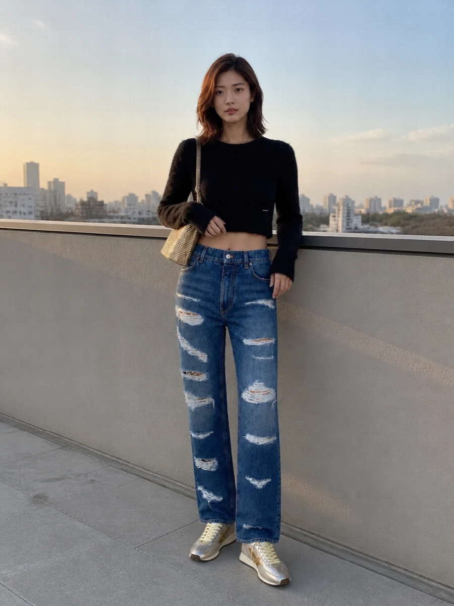 This is a night-in-the-city take on y2k streetwear built around the champagne retro runners. The cropped fuzzy knit and shredded straight-leg denim keep the proportions sharp and relaxed, while the liquid gold shoulder bag pulls the metallic story together so the sneakers feel intentional, not incidental. It is casual enough for late drinks yet rich in texture and shine for a quietly high-end finish.
