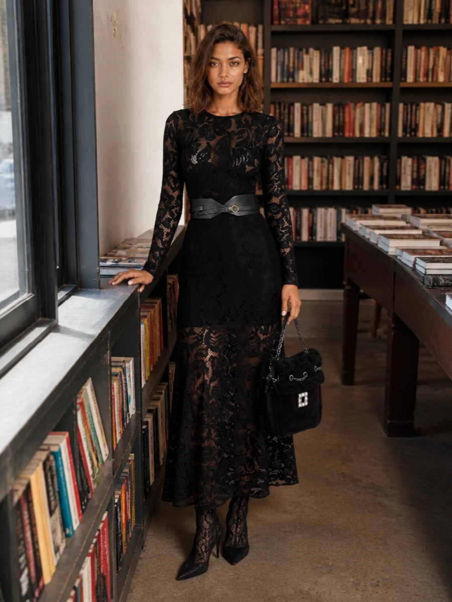 Patou black lace evening dress lace heels
