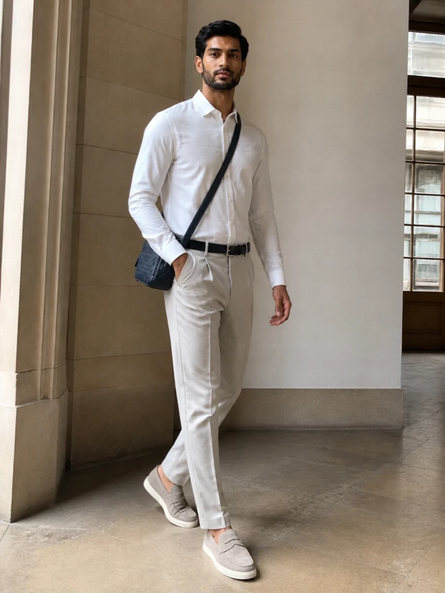 Brunello cucinelli white shirt pleated chinos outfit