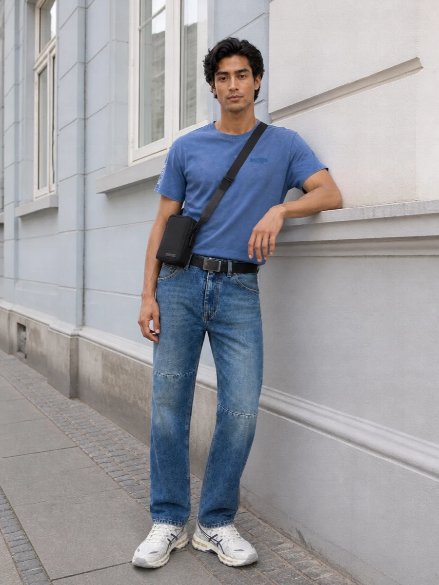 A sun-faded Moschino tee meets straight-cut Margiela denim for a clean, blue-on-blue city uniform that feels relaxed but considered. Technical Asics runners keep it grounded in sport, while a compact Jacquemus crossbody and slim Margiela belt add just enough structure and designer focus without disturbing the easy mood.