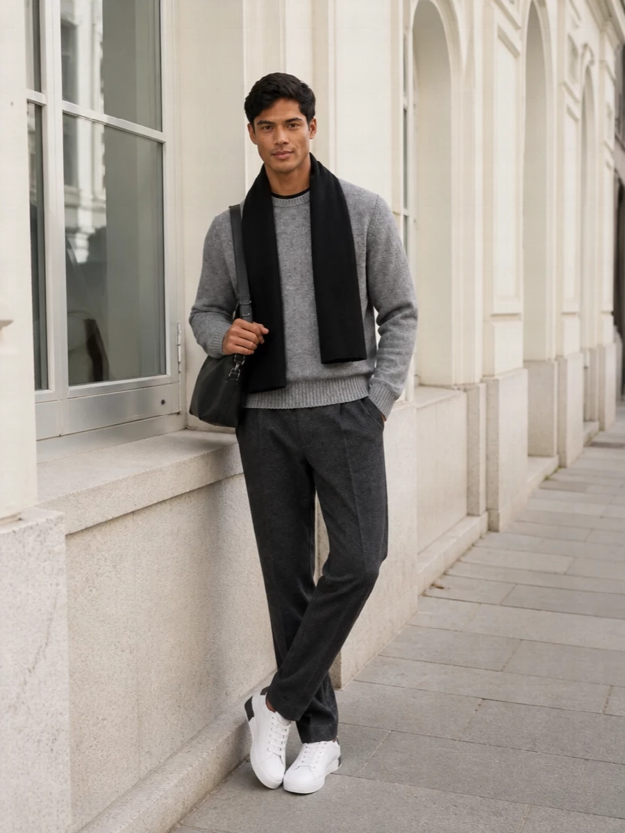 Dolce gabbana grey sweater charcoal trousers outfit