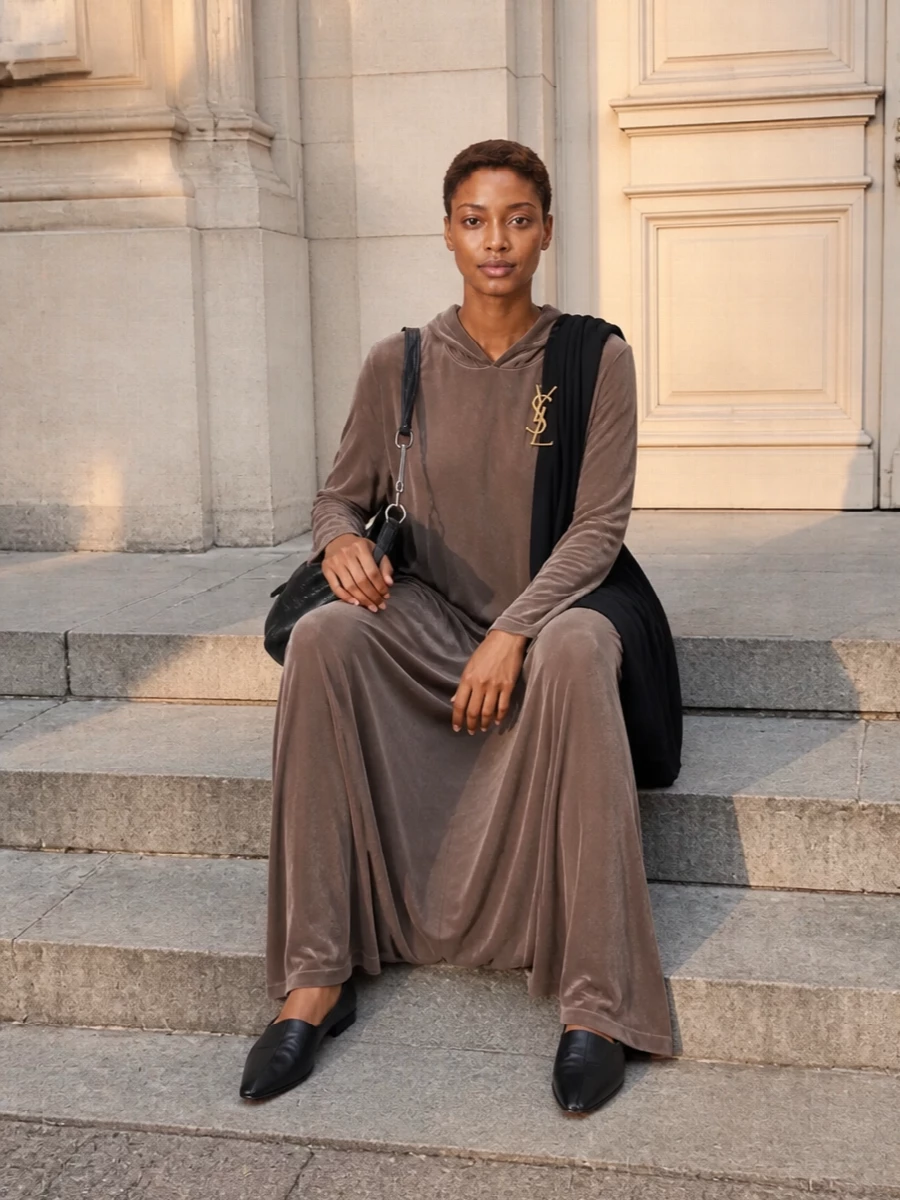 Dusty mocha jersey and inky black accessories create a low-contrast, cocooned palette that feels calm and intentional for private evenings. Flat, sculptural shoes keep the line grounded, while a slouchy hobo-clutch and a single antique-gold brooch introduce just enough structure to make the ritual of loungewear feel considered. The black scarf quietly reinforces the long, draped silhouette without disturbing the nightdress’s softness.