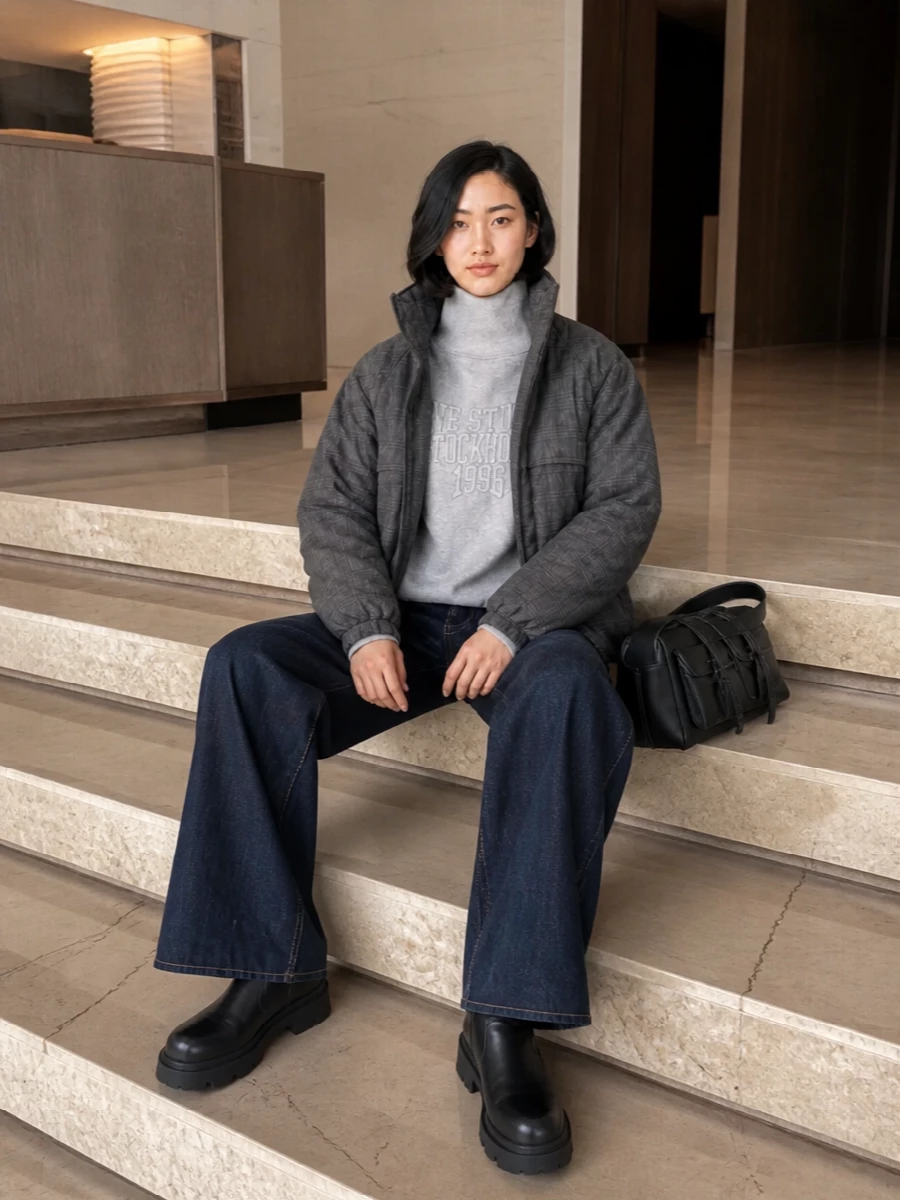 Acne parka wide leg jeans moncler boots