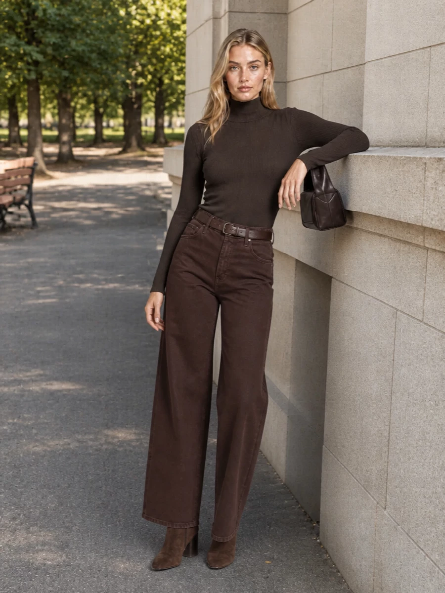 Max mara brown wide leg jeans ankle boots outfit