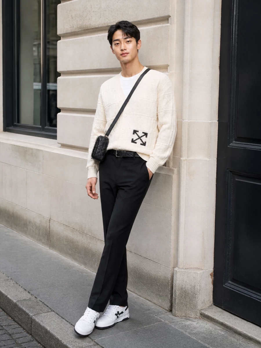 Off white cardigan black trousers street style