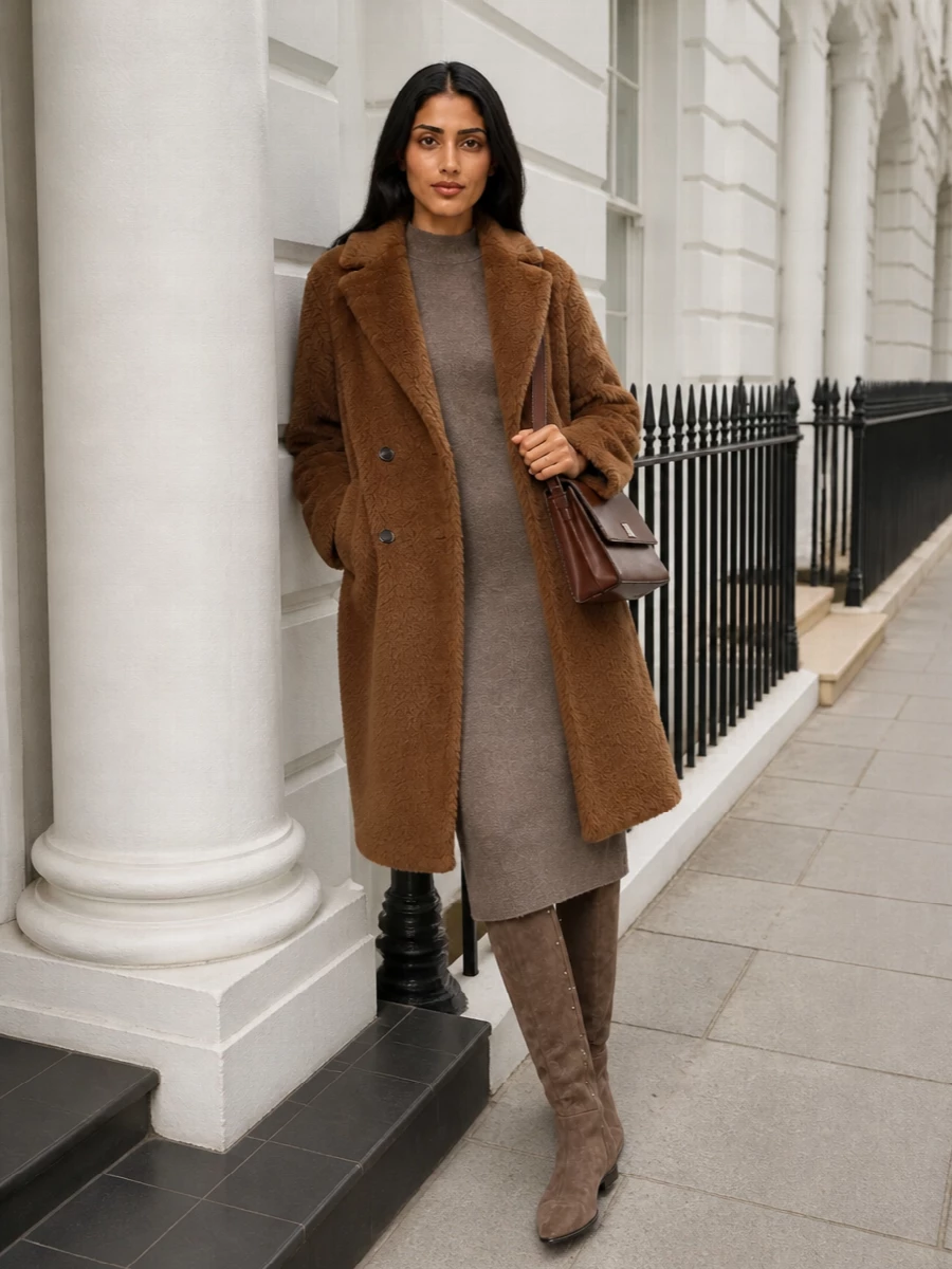Max mara camel teddy coat taupe knit dress