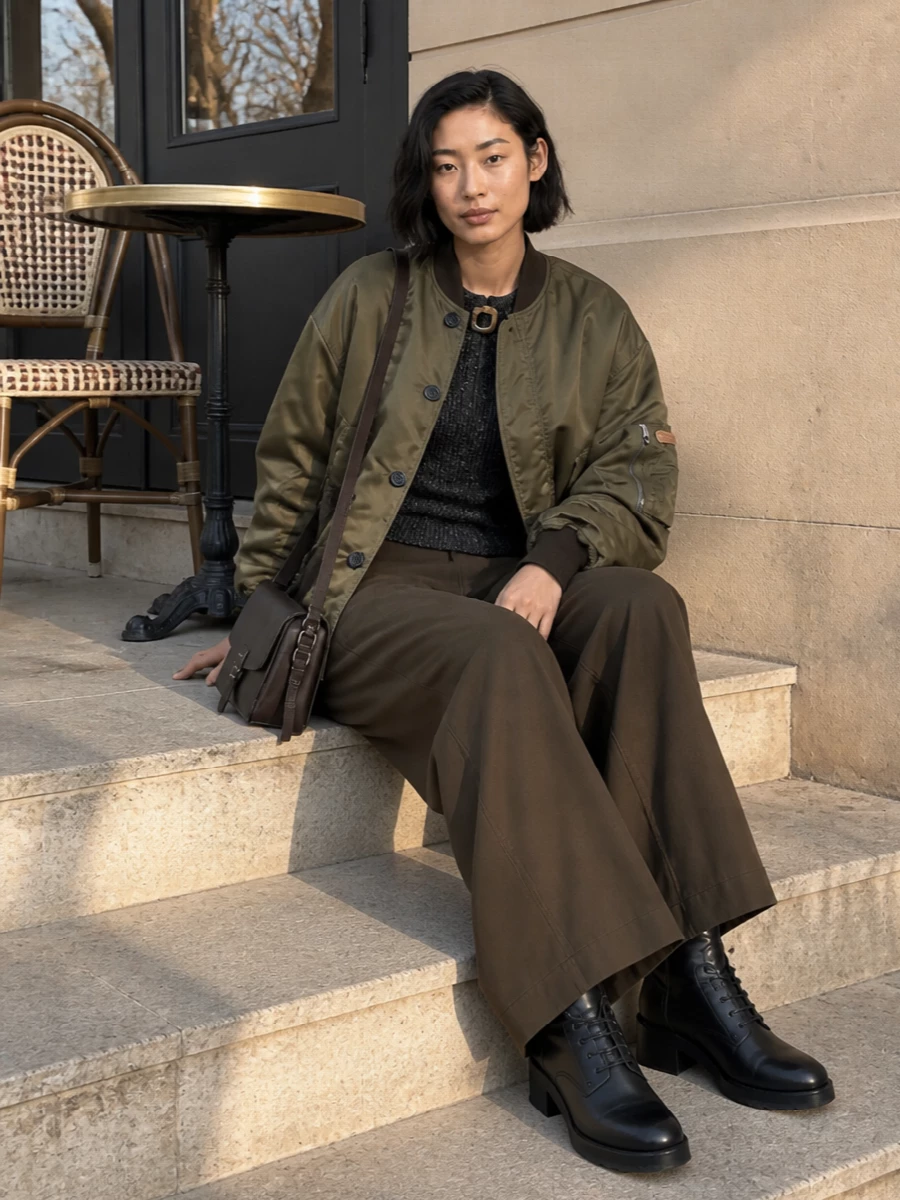 I am building around the bomber with a top and trouser rather than a dress, because the jacket’s oversized, utility proportion wants that slouchy cargo volume and hardware-heavy boot to feel intentional, not random. The fitted rib knit reins in the upper body so the wide-leg cargos and bomber can carry the drama, while black combat boots and a chocolate crossbody sharpen the mood into urban, quietly tough utility. The palette stays within khaki, olive, brown and black so the silhouette and texture do the talking without feeling busy.