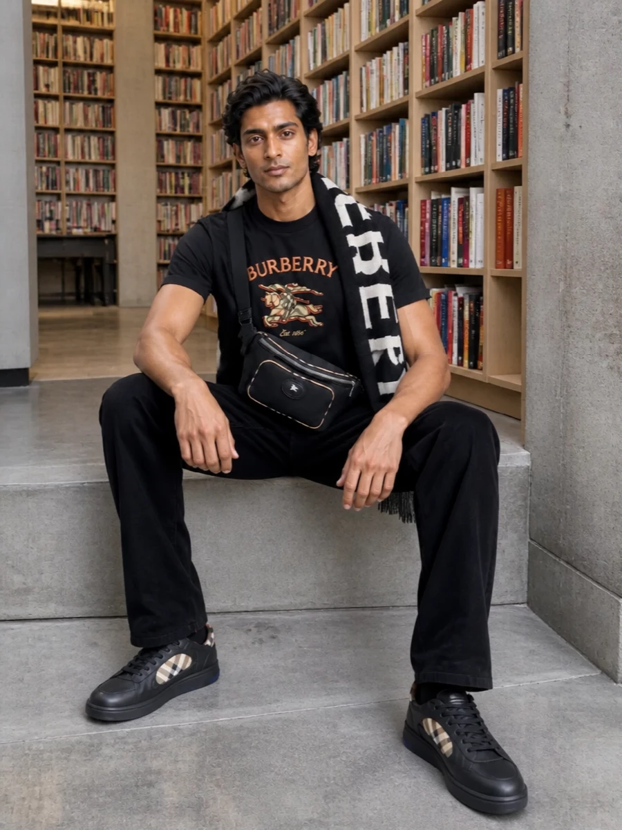 Burberry black logo tee outfit sneakers