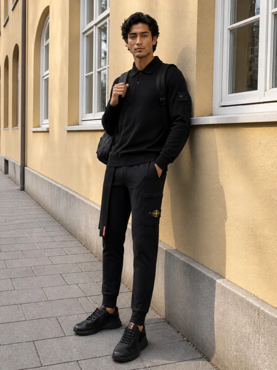 Stone island black polo sweatshirt tapered joggers