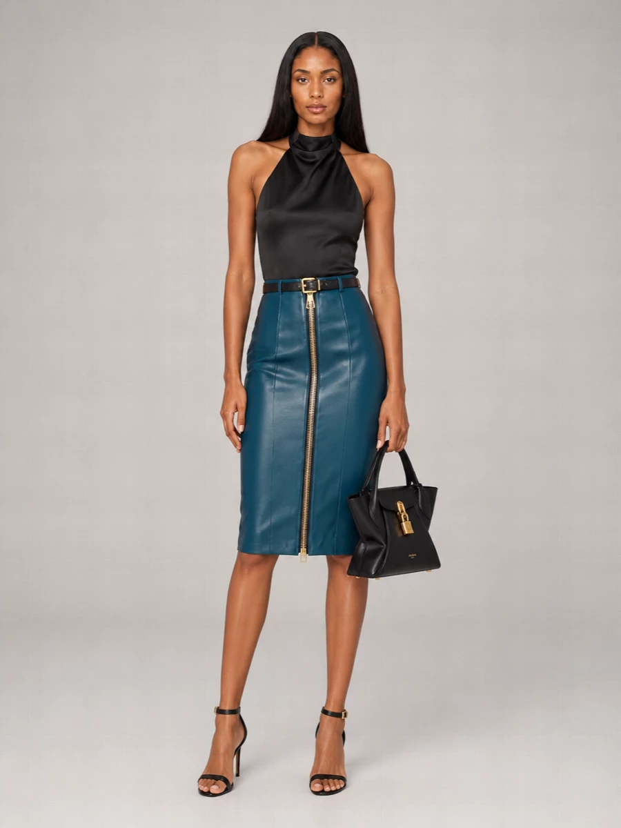 Balmain Leather High-Rise Paneled Knee-Length Fitted Skirt