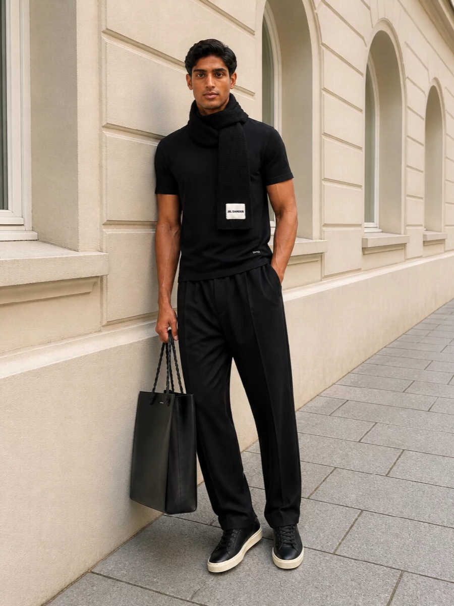 Jil sander black tshirt trouser outfit