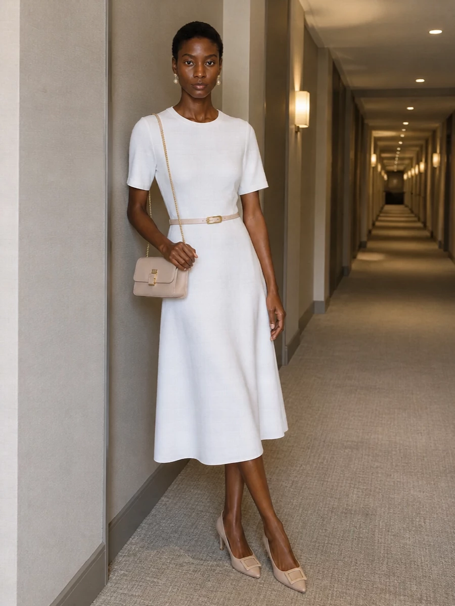 Victoria beckham white midi dress taupe heels