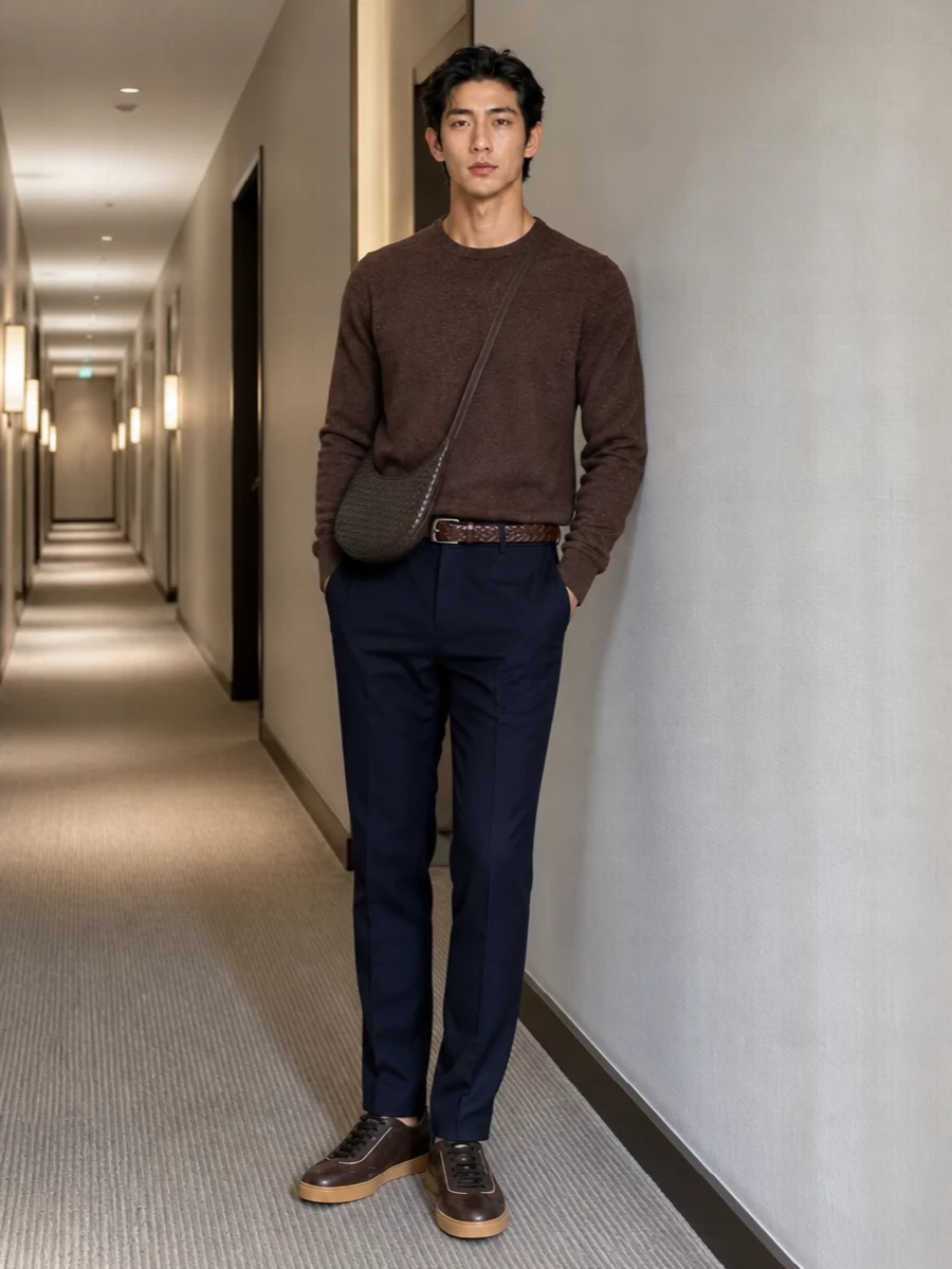Brunello cucinelli brown sweater navy trousers