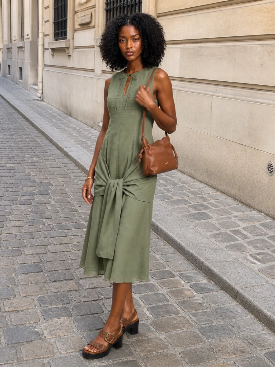 Loewe sage midi dress tan sandals pouch bag
