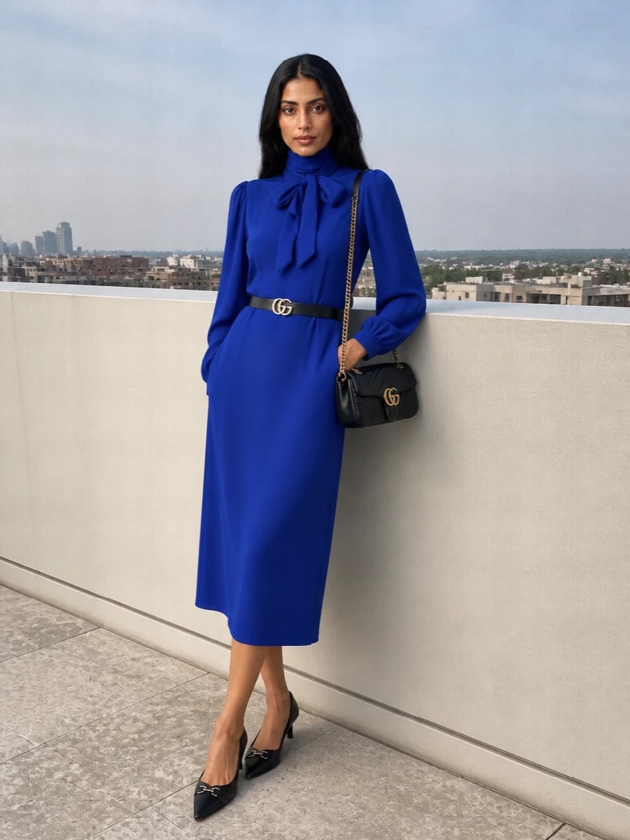 Gucci cobalt midi dress black pumps bag
