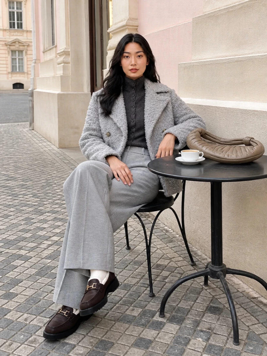 Lardini shearling coat wide leg trousers outfit