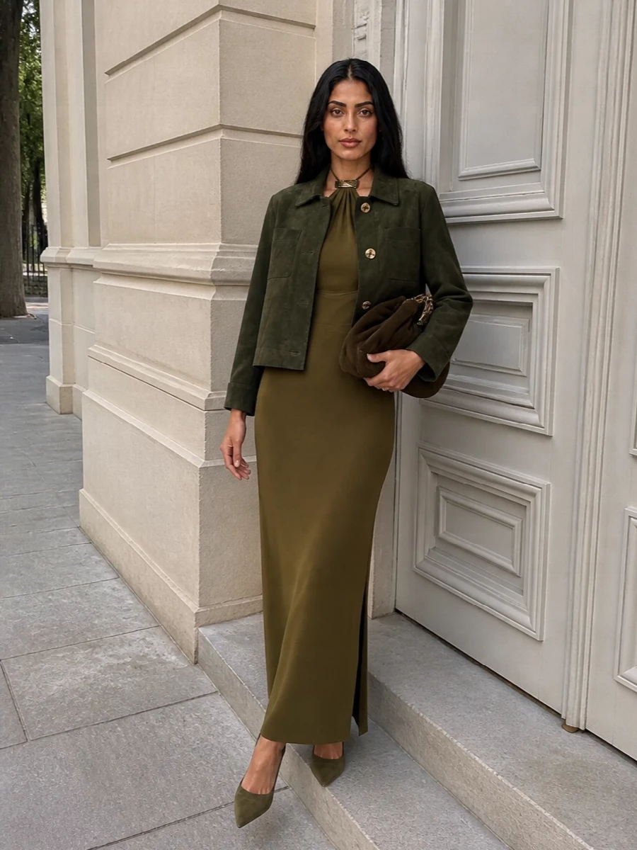 I’m building a deep-olive tonal evening story around the S Max Mara jacket, so I’m choosing the dress route and skipping additional tailoring layers that would overcomplicate it. The Attico halter column in olive creates a long, uninterrupted line under the short, boxy jacket, while Ferragamo’s matching suede pumps and the sculpted olive tote keep everything quietly luxurious and textural rather than logo-driven. It reads modern, confident and very composed for dinners, art openings or any night where understatement still needs presence.